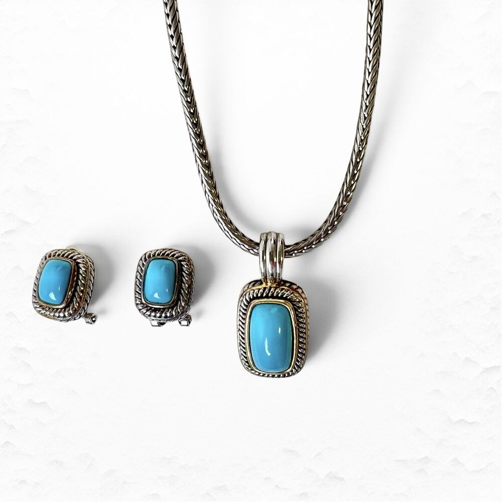 Necklace Earrings Set Robins Egg Blue Resin Cabochons Silver Tone Chain Y2K Boho